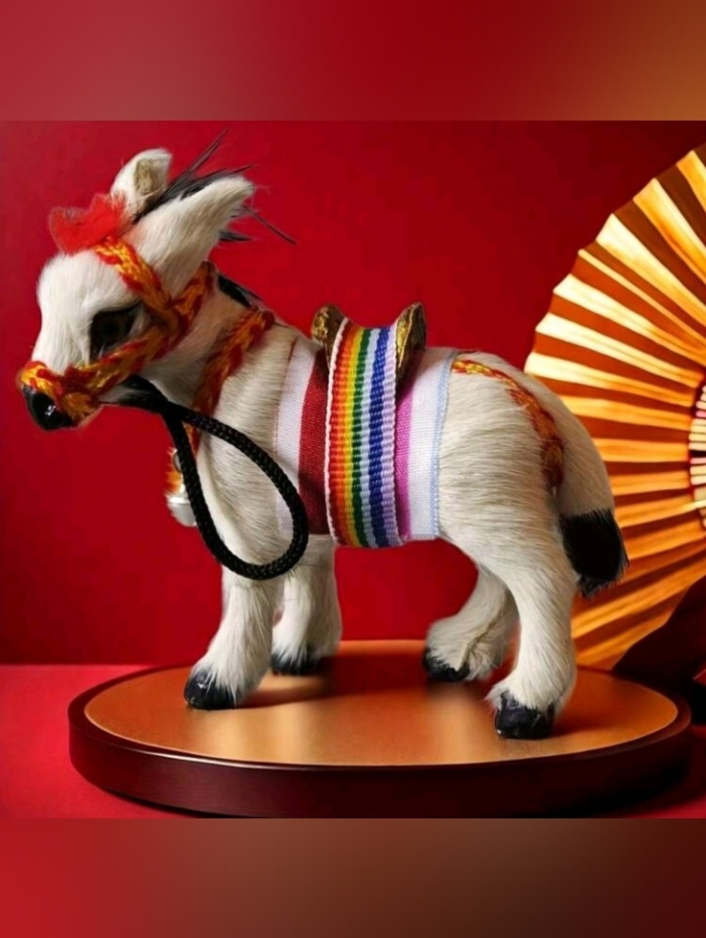 Handcrafted White Decorative Donkey Figurine with Rainbow Saddle